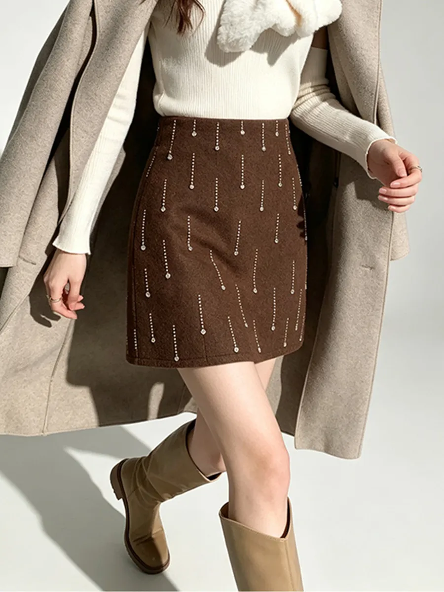 Stylish Diamonds Beaded Teardrop-Shaped Woolen Mini Skirt For Women Autumn Winter Vintage High Waist Tweed Bodycon Skirts