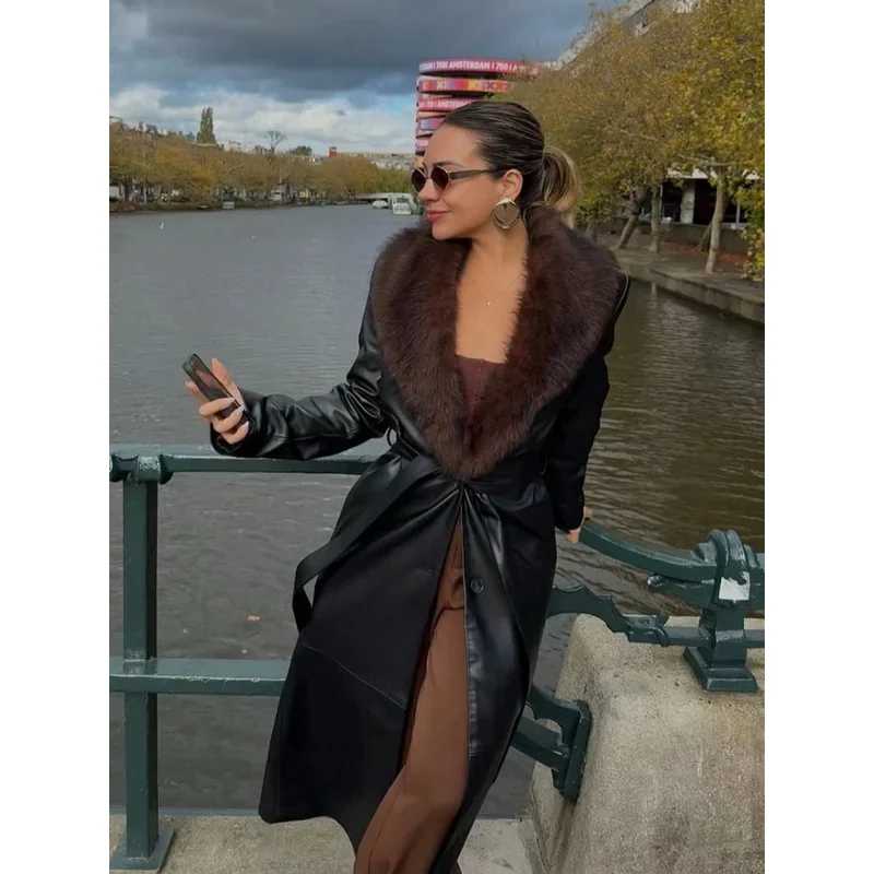 

Black Fur Collar Long Leather Coat Women Fashion Lapel Waist Cinching Lace Up Loose Jackets 2025 Lady Winter Daily Commute Wear