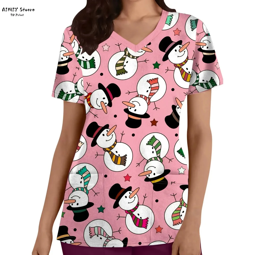 Comfortabele scrubtop met V-hals en kerstprint, functioneel gezondheidszorguniform voor dames, perfect voor ziekenhuizen en tandheelkundig kantoor ﻿