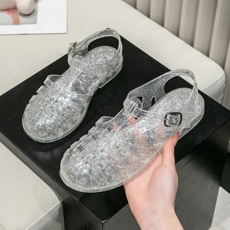 

Crystal Embellied Roman Sle Sandals Women's Breathable Hollow Out Design PVC Material Low Heel Comfortable Summer Oes