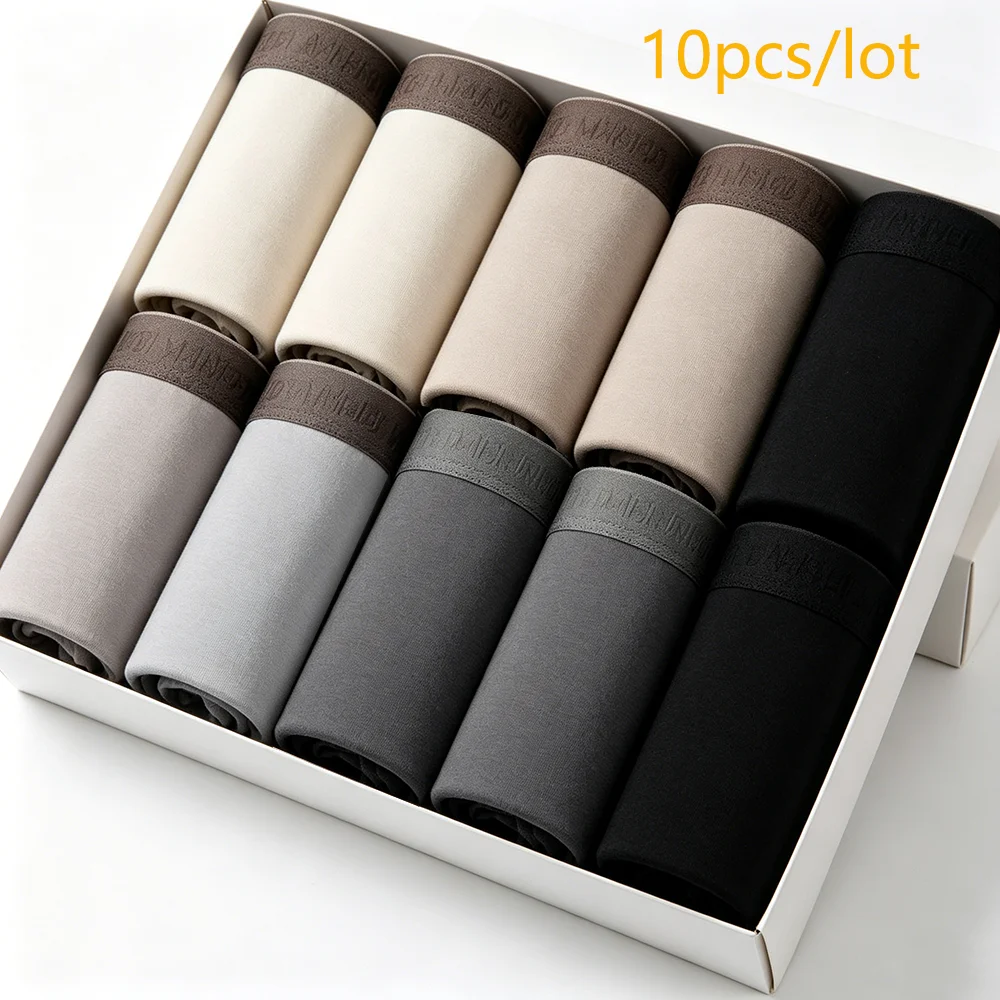10pcs Men's Cotton Underwear Retro Flat Angle Pants Comfortable Breathable mid Waist Pure Cotton Boxer Shorts Male Innerwear