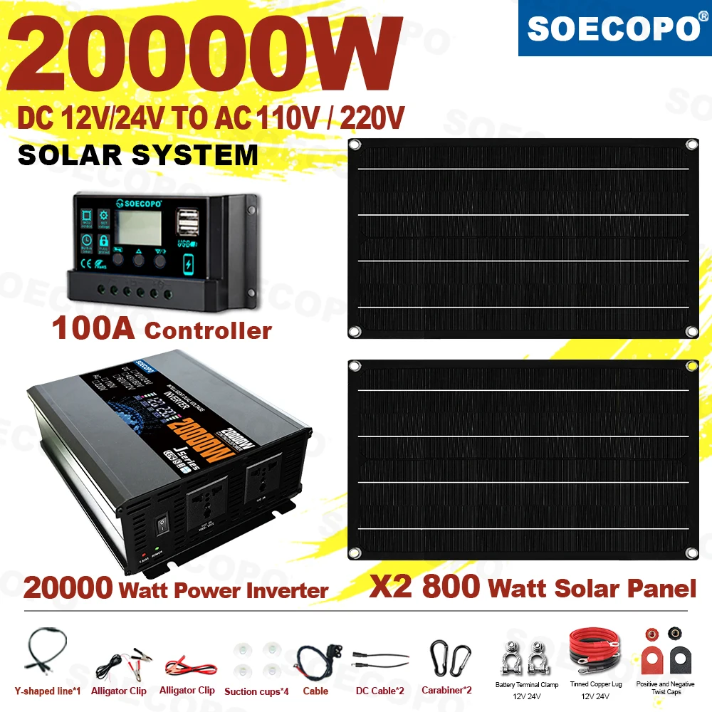SOECOPO 20000W Peak Solar System Kit 2x800W Panels 100A Controller Dual Voltage Inverter DC 12V 24V to AC 110V 220V for Home
