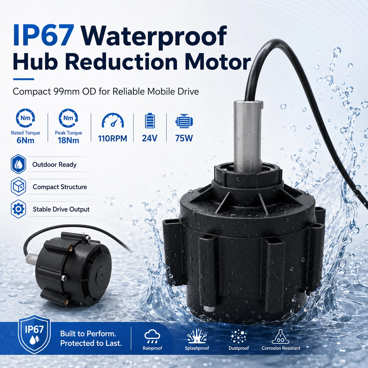 99Mm in-wheel motor 9.75:1 reduction ratio 6 Nm rated torque electric drive motor, suitable for robot vacuum cleaners
