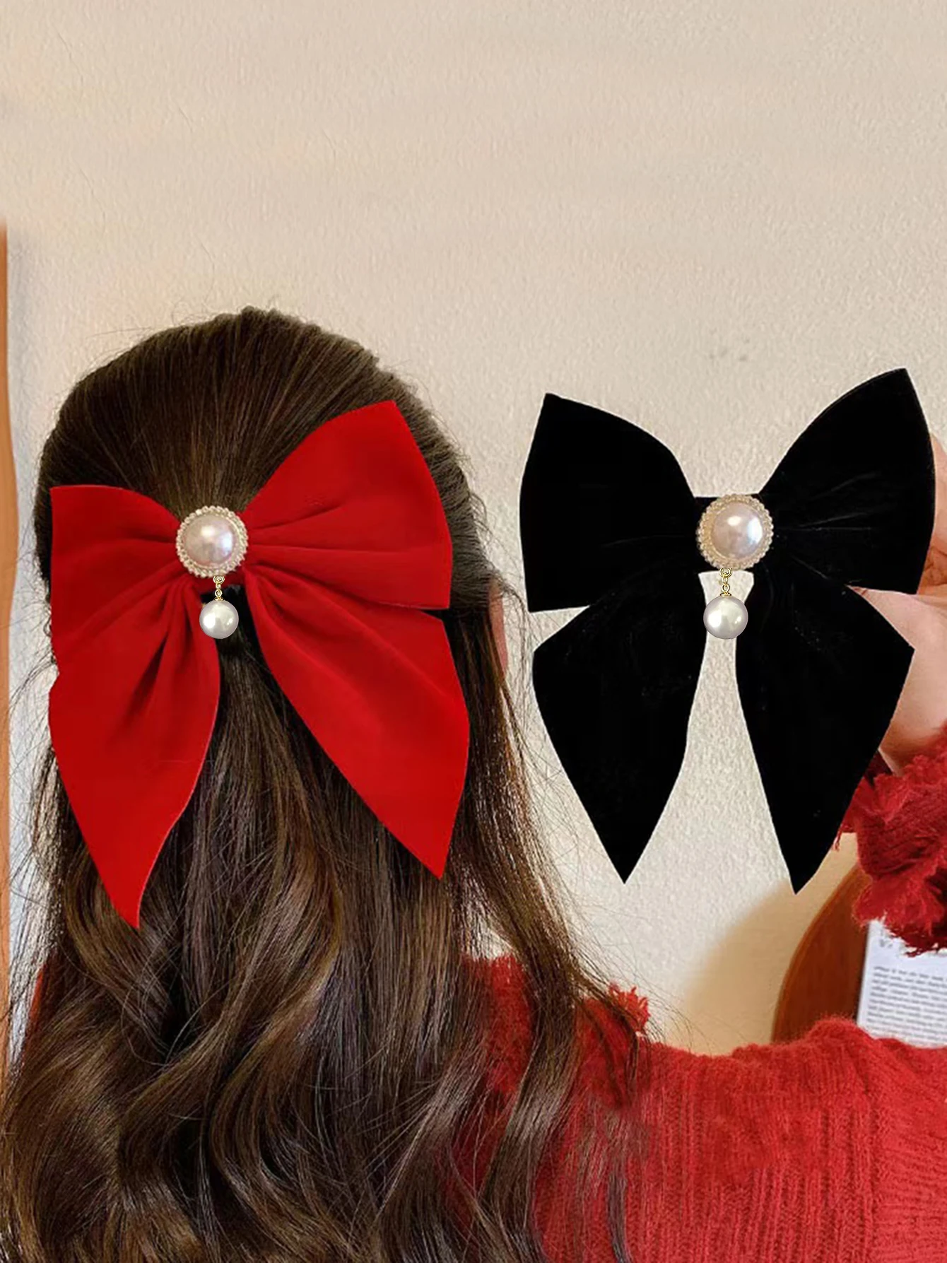

1pc Ladies Black and Brown Flocked Bowknot Pearl Pendant Hair Clip New Pure Color Hair Clip Fashion Princess Hair Access