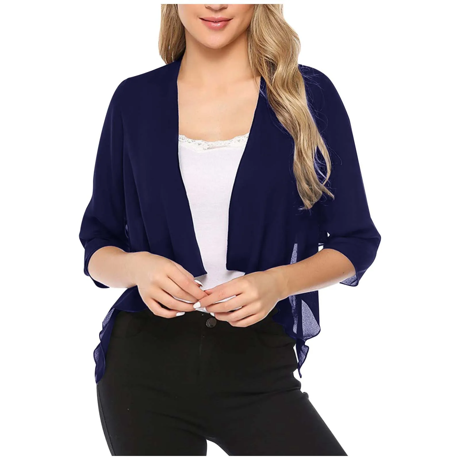 

Women’s Sheer Summer 3/4 Sleeve Lightweight Bolero Draped Ruffles Open Front Cropped Cardigan Linen Cardigan for Women