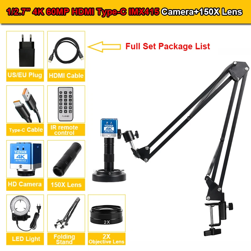 YIZHAN 4K 60MP UHD Microscoop voor Solderen HDMI Type-C 1080P 60FPS Camera 150X 0.3X/0.5X/2X Lens Opvouwbare standaard voor reparatiegereedschap
