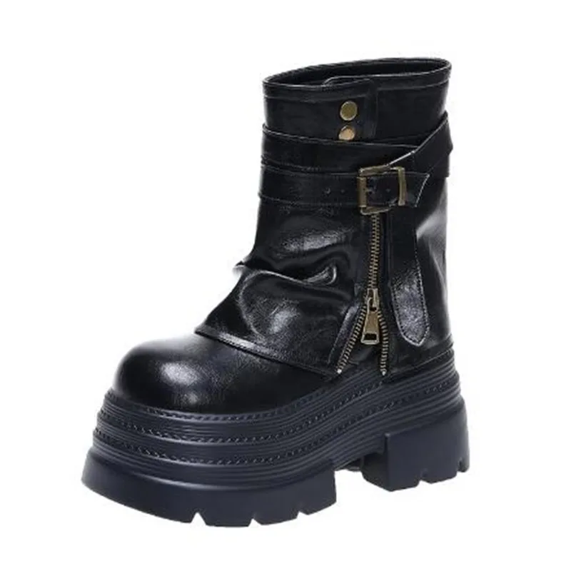 

Женские мотоциклетные ботинки на массивном массиве, новинка 2023 года, осенние кожаные кроссовки на скрытом каблуке, зимние ботинки, ботильоны на высокой платформе с пряжкой 10 см