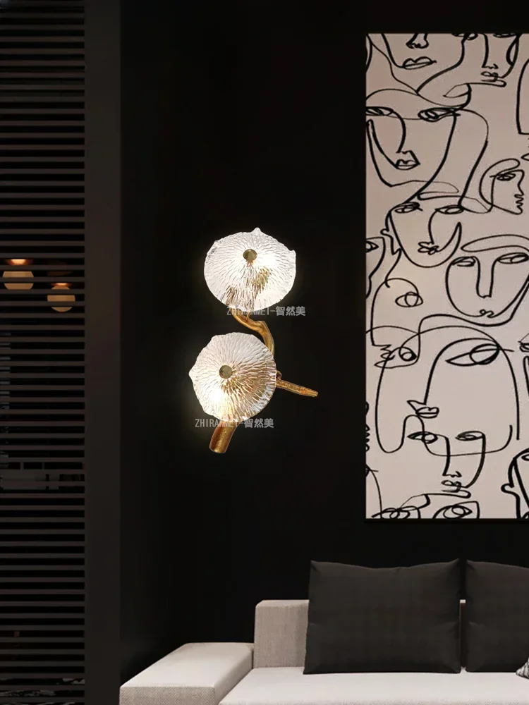 New Chinese style wall lamp bedroom wall lamp bedside living room TV background wall stairs lotus leaf retro light luxury