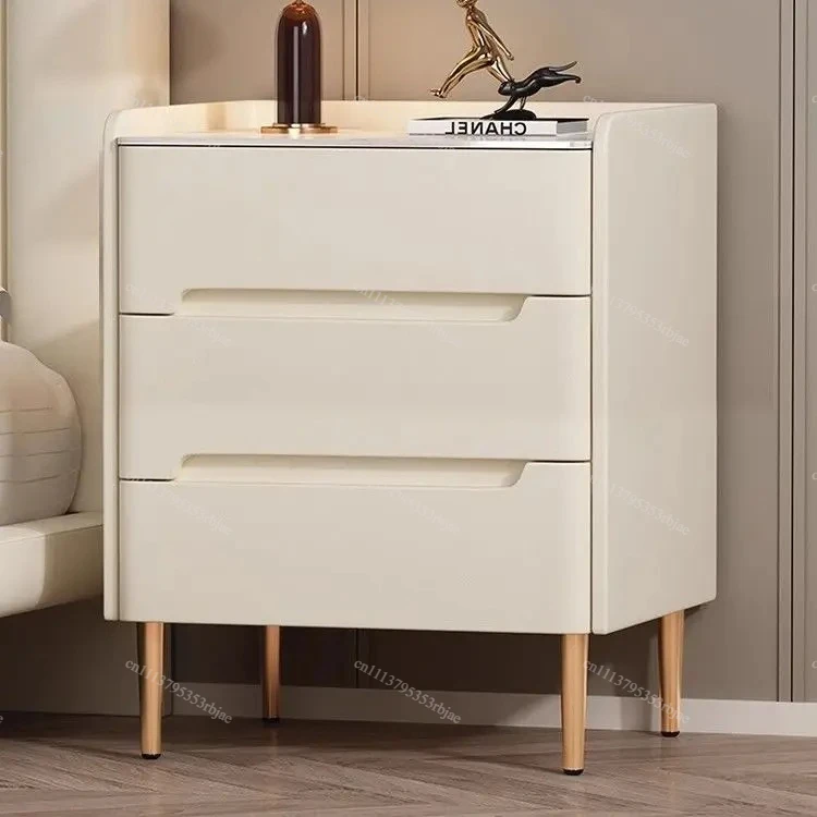 Solid Wood Italian Bedside Table Light Luxury Rock Slab Leather Lockers Modern Bedroom Home Storage Bedside Tables