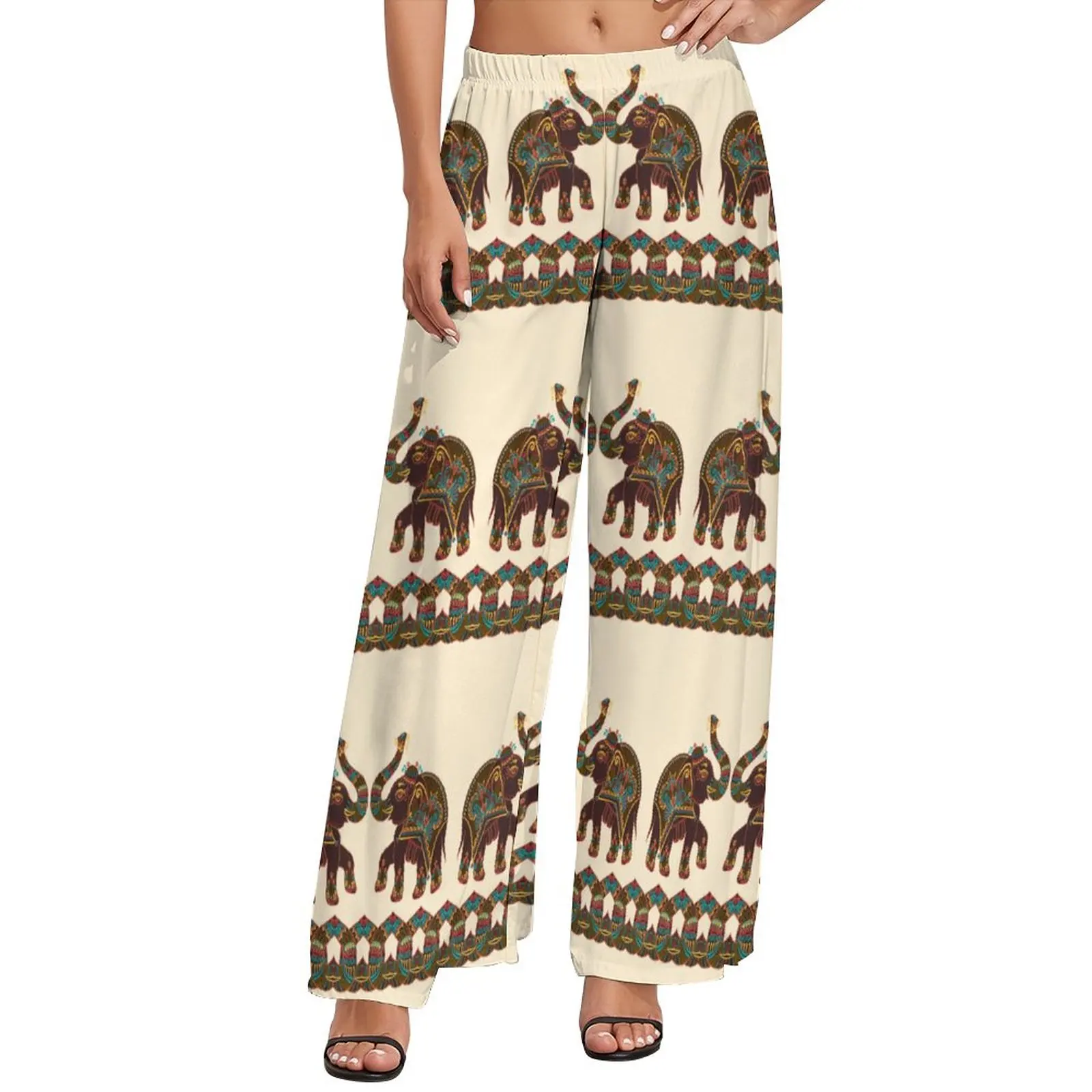 Indian Elephant Art Straight Pants Colorful Floral Print Office Wide Pants Ladies Oversized Street Wear Printed Trousers