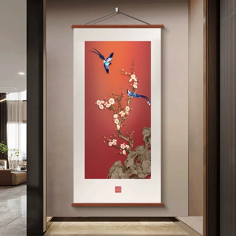 Good Luck Magpie on Branch Red Painting, Chinese Style Wall Art for Entryway Opposite Door, Corridor & Passageway Decor Poster