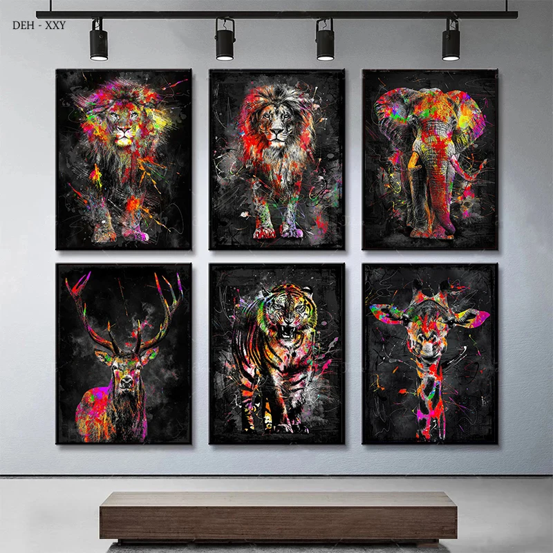 

Abstract Animals Pictures Lion Tiger Elephant Wolf Graffiti Canvas Painting Watercolor Animals Wall Art Pictures for Living Room