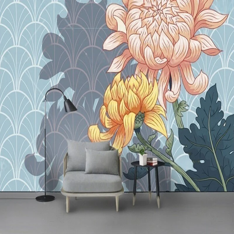 

Скандинавский минималистичный окрашенный цветок и хризантема, традиционный китайский тренд, роскошное украшение для дома, фоновая стена