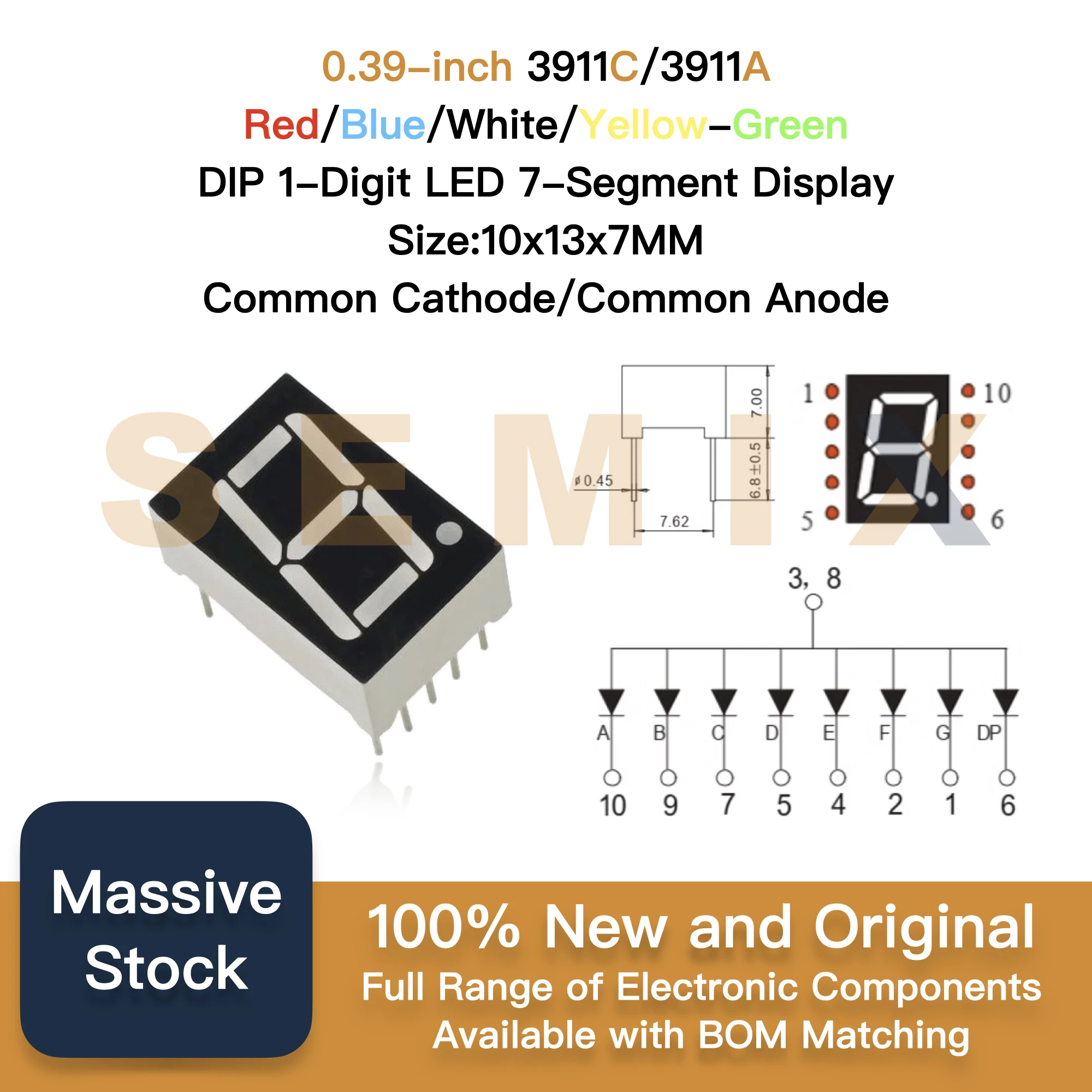 5 قطعة 0.39 بوصة 3911C/3911A أحمر/أزرق/أبيض/أصفر-أخضر DIP 1 أرقام LED 7 قطعة عرض الحجم: 10x13x7 مللي متر الكاثود المشترك/الأنود