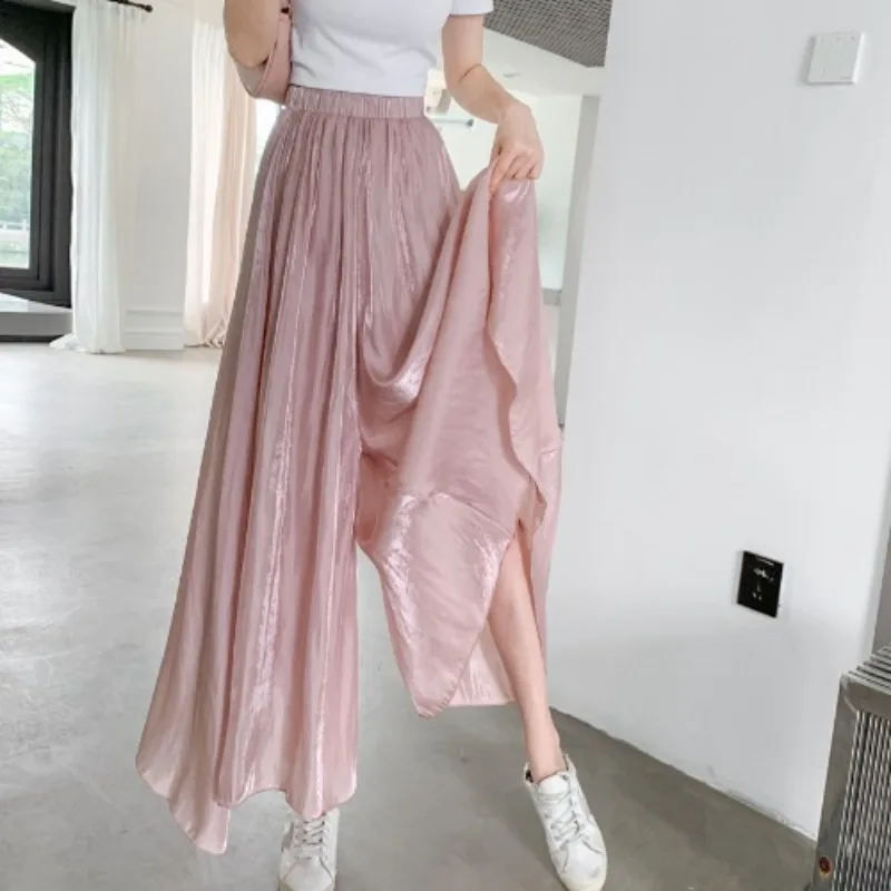 Ice Silk Acetate Streamer Satin Flared Pants Summer Thin Pearlescent Pants Loose Wide Leg Pants for Women