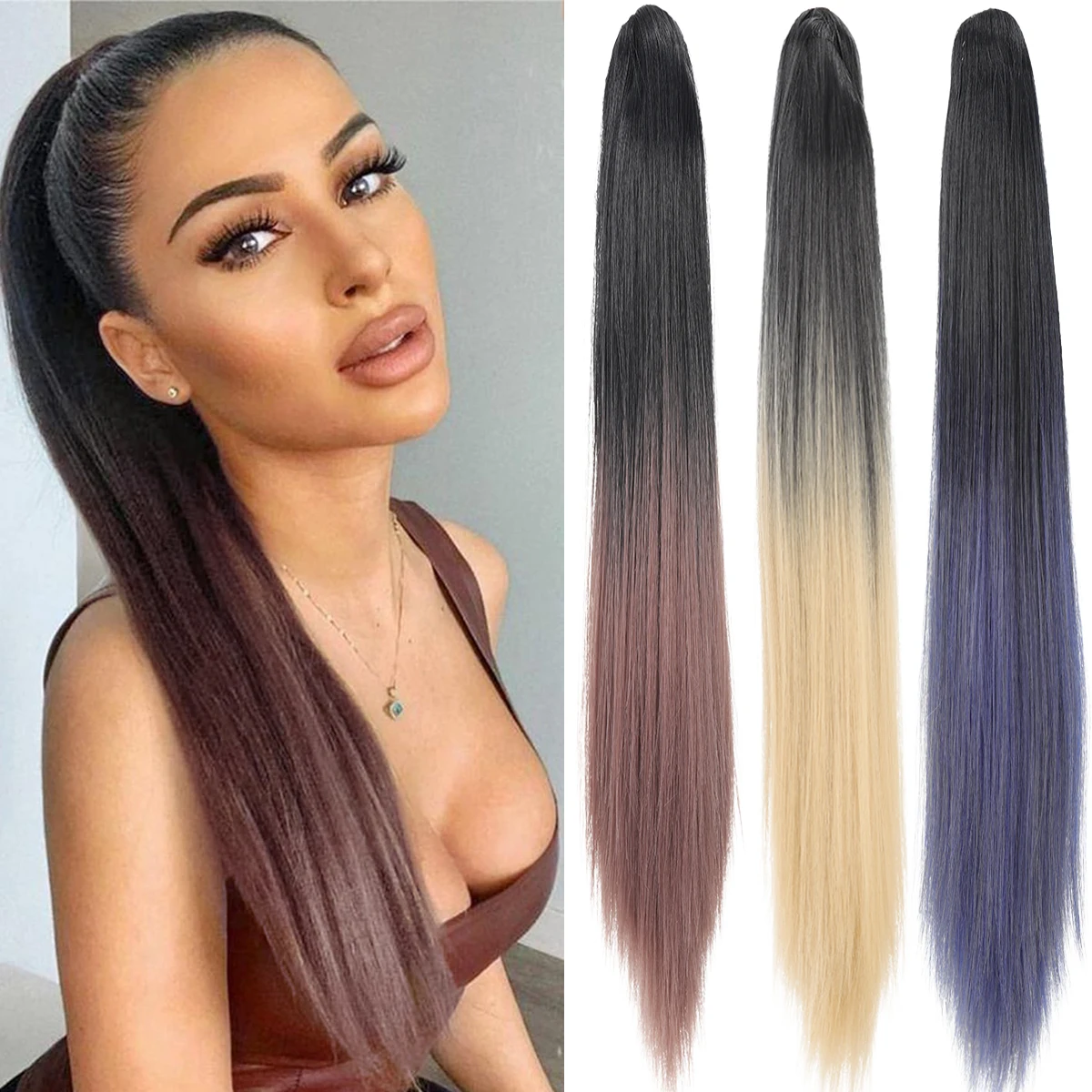 20-inch synthetic gradient ponytail wig women's ponytail clip fake ponytail heat-resistant straight hair wig natural
