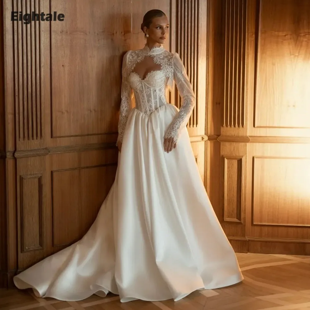 Eightale Bohemian Wedding Dress Two Pieces Customized Ivory Pearls Lace Beaded Boho Bridal Gown Bride Party Dress with Jacket