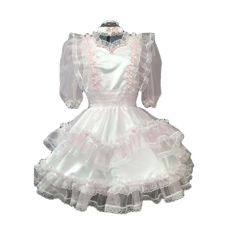 

Hot Selling French Girly Adult Role-playing Ball Custom Pink Organza Fluffy Bubble Sleeves Gothic Maid Dress Custom Made