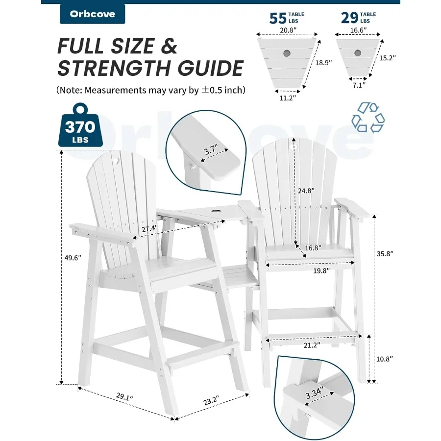 مجموعة كراسي آديرونداك طويلة مكونة من 2 مقاعد بار خارجية متينة HDPE مع صينية توصيل مزدوجة وأثاث فناء مقاوم للطقس لـ Poo