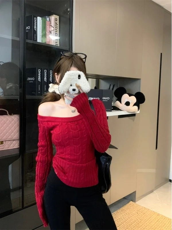 سترة محبوكة بدون أكتاف للنساء بقصة ضيقة وقاعدة كتف irt العصرية Ci Walk الكورية Sle طويلة Sve متماسكة...