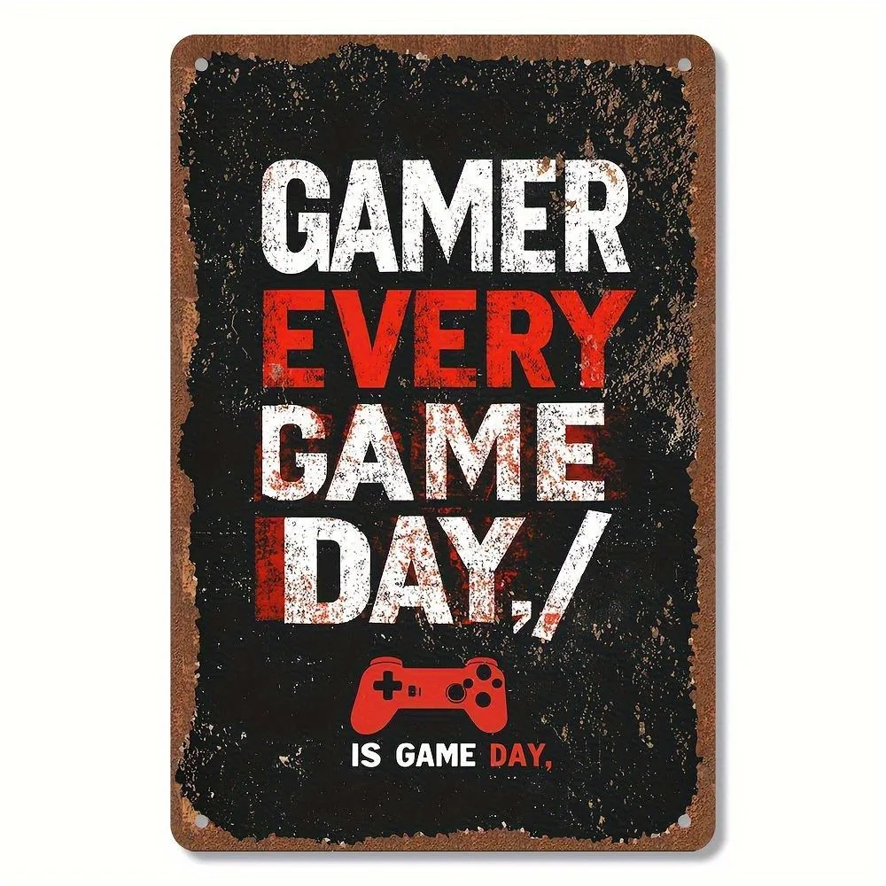 Retro Arcade Metal Wall Decor - Vintage Gaming Sign with GAMER EVERY GAME DAY! Quote & Controller Graphic - Heavy-Duty Iron Post