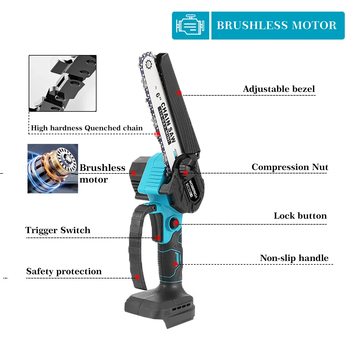 Brushless Mini Electric Chain Saw Cordless Woodworking Garden Power Tools Home Logging Cutter (No Battery) For Makita 18V