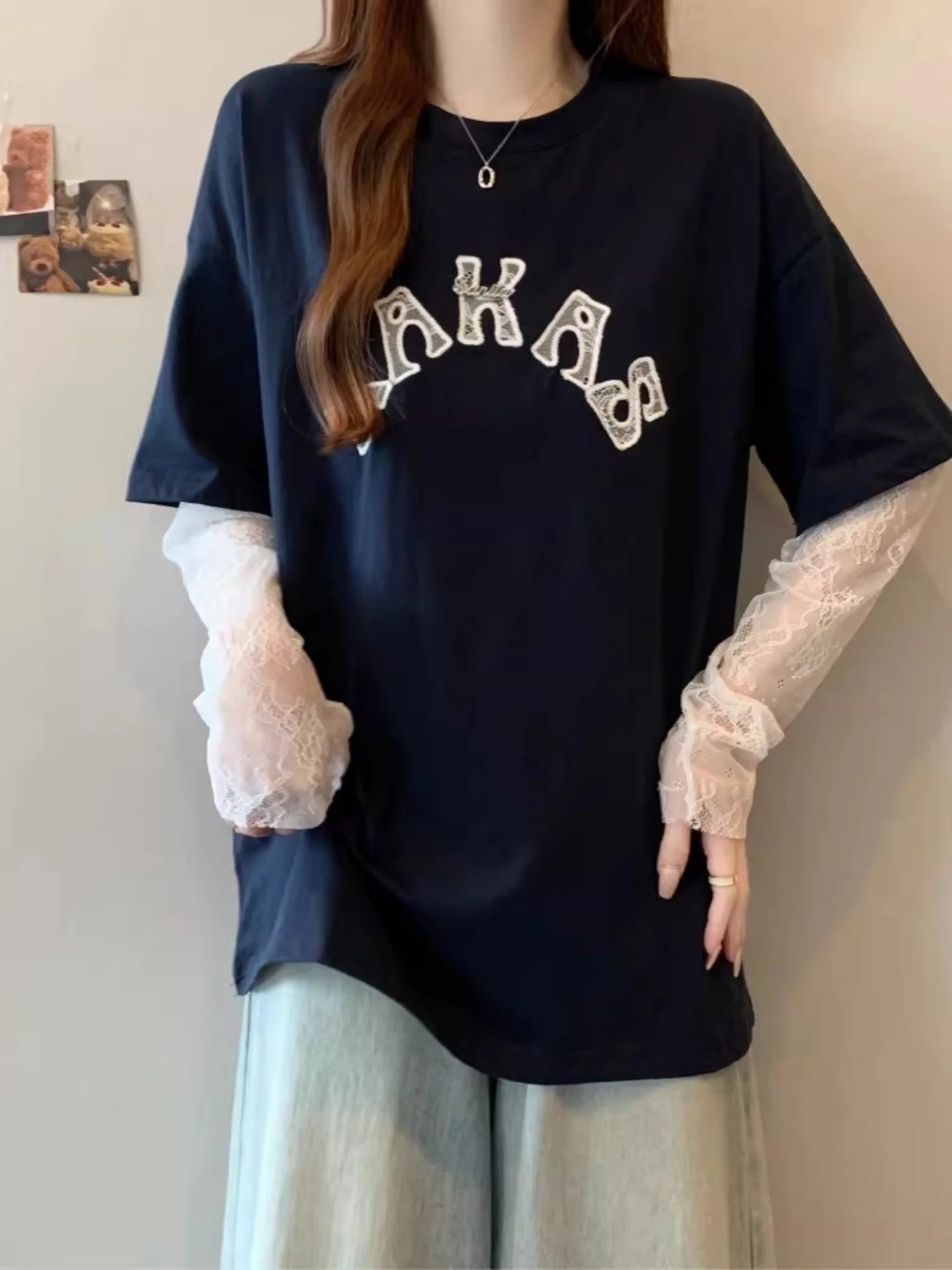 

Lace Splice Long Sve T-irt Women's plus Size Loose Slimming Top Unique Beautiful Summer 2026 Commute Sle Korean Version