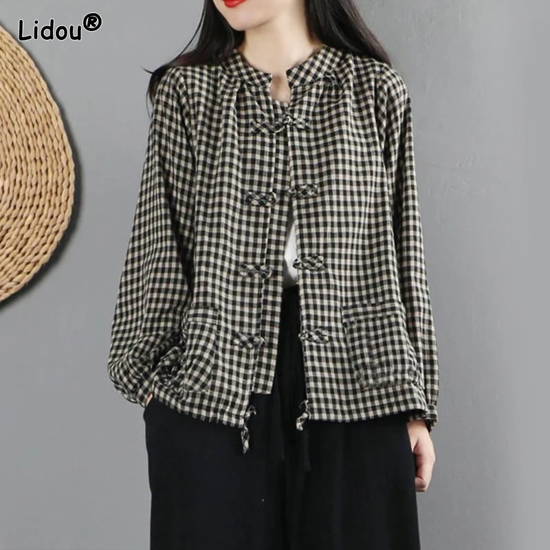 

2023 New Spring and Autumn Art Retro Standing Collar Panel Buckle Plaid Printed Simple Casual Loose Oversized Ethnic Style Coat