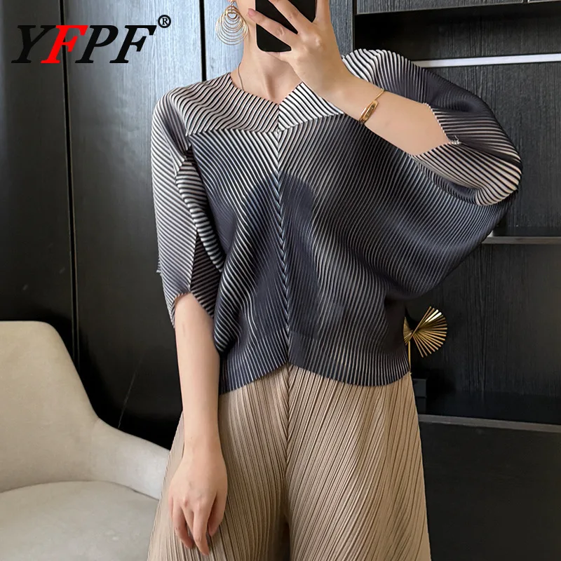 

YFPF Summer Sunscreen Pleated Women Blouse Fashion Striped Button Batwing Sleeve Short Tops 2025 New Casual Clothing 3A354