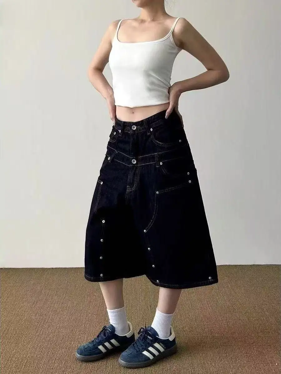 Shorts Jeans Femininos de Cintura Alta Estilo Americano, Perna Reta Solta, Calça Capri de Trabalho com Detalhes em Algodão La...