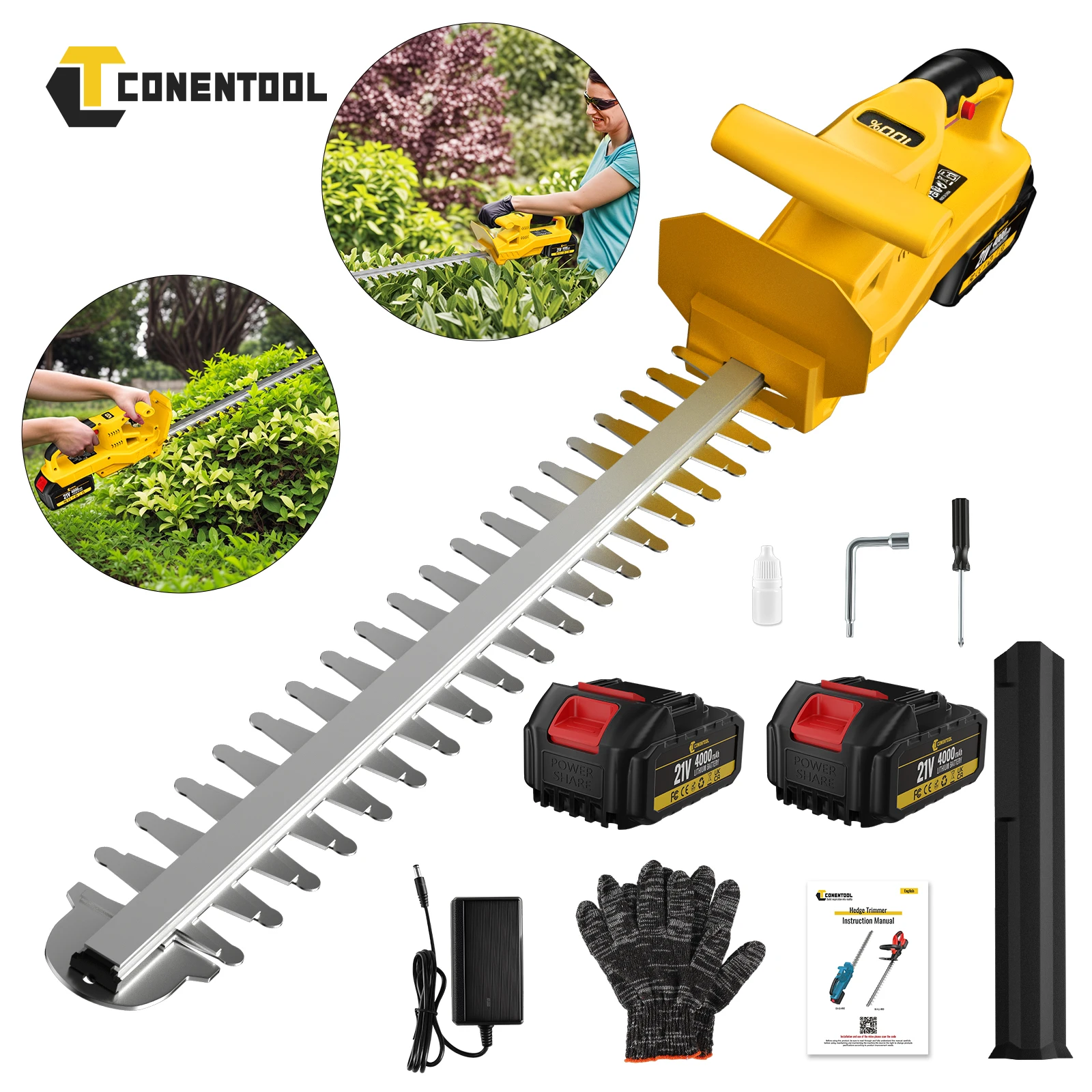 CONENTOOL 20 Zoll Elektrische Heckenschere Kabellose Unkrautentfernungsschere Gartenwerkzeug mit 2x4000mAh Akku für Makita 18V Akku