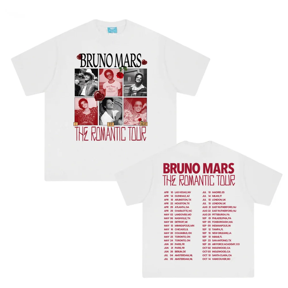 Camiseta con estampado gráfico de la gira musical The Romantic Tour2026 de Bruno Mars, ropa de calle gótica de algodón con estampado gráfico de hip hop