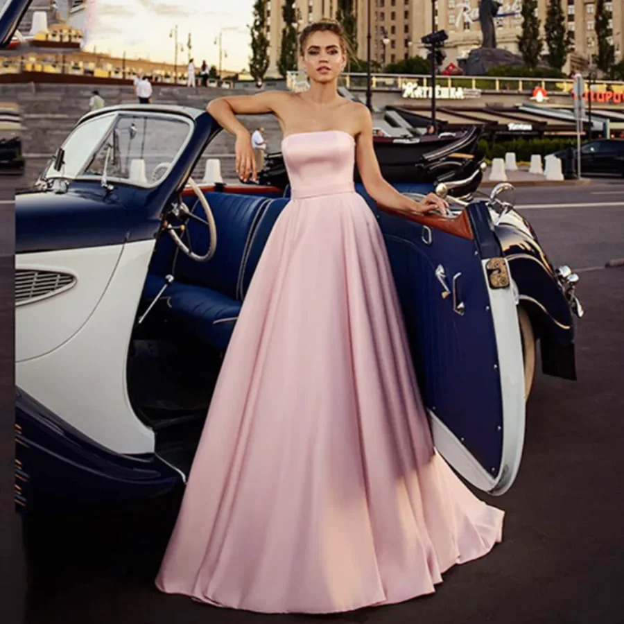 

2024 Floor Length Bow Tie Backless Women Dress Pink Strapless Formal Evening Dresses Elegant Lace up Stain Prom Party Dresses