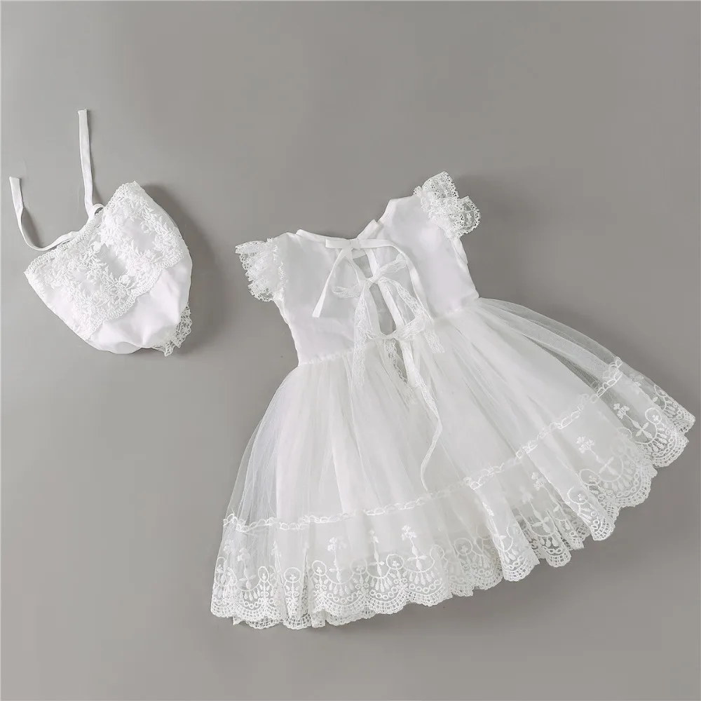 Baby Dress with Cap White Embroidery Lace Girl Christening Gowns 1 Year Birthday Dress Newborn Clothes for 3-24M