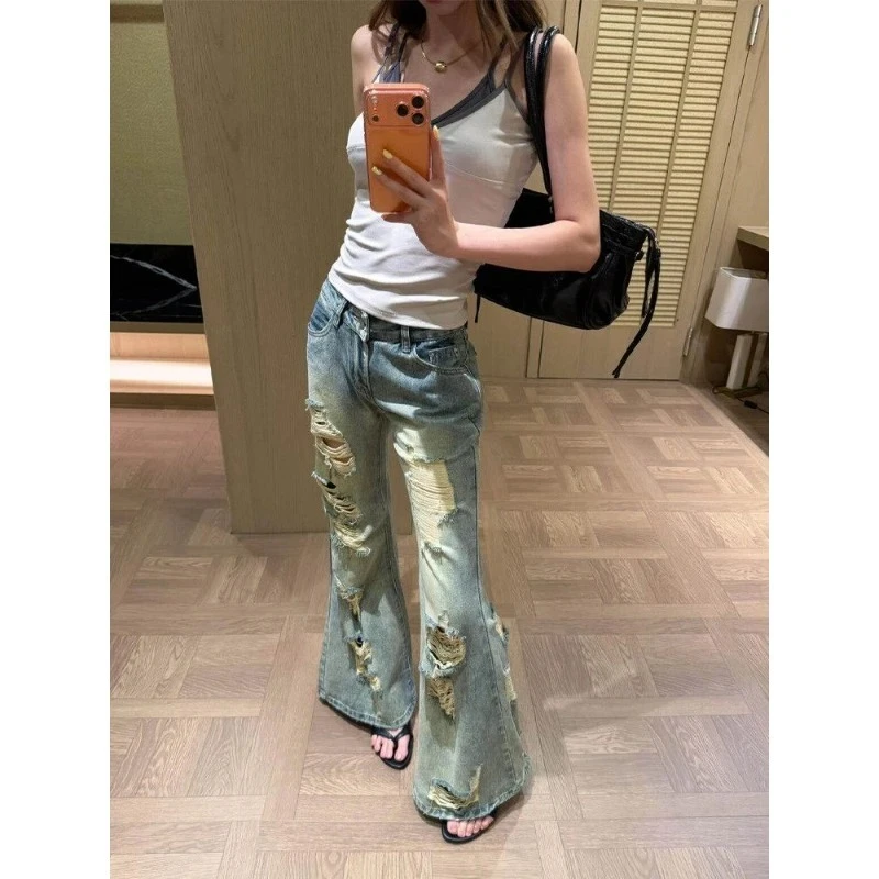 American Spice Girl Retro Ripped Design Sense Old Jeans Women's Summer New Drape Thin Micro Flared Trousers