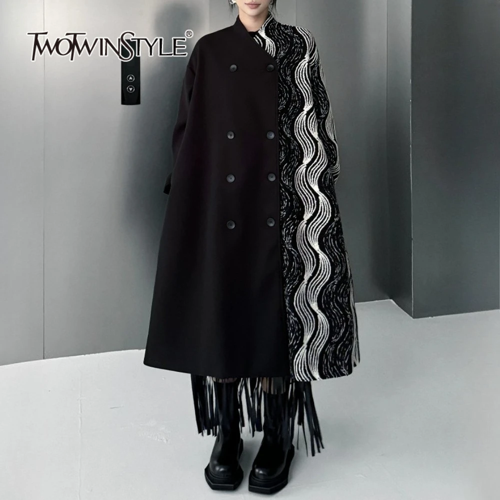 TWOTWINSTYLE Hit Color Loose Spliced Striped Fashion Coats for Women V Neck Long Sleeves Patchwork Double Breasted Coat Female