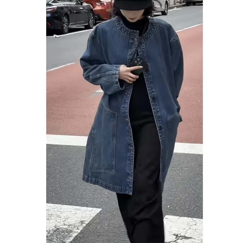 Women's plus Size Denim Jacket Mid-Length Coat Windbreaker Belly Covering Spring Autumn New Style Loose Fit Commute Style