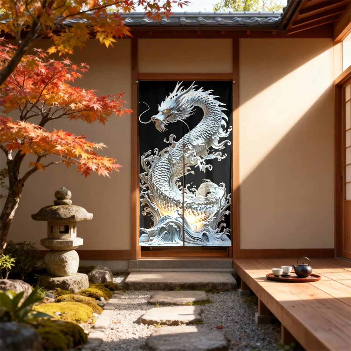 Japanese Style Black and White Dragon Door Curtain - Elegant Asian Art Motif Room Divider Privacy Drape for Kitchen Living Room