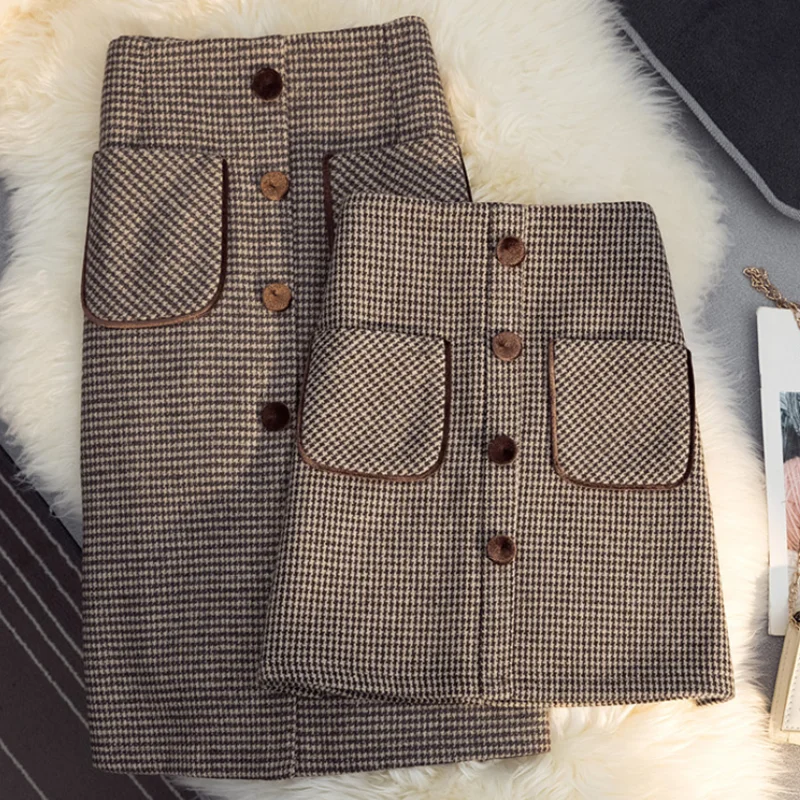 

new Houndstooth skirt female autumn and winter 2022 high-waisted a-line skirt woolen long skirt