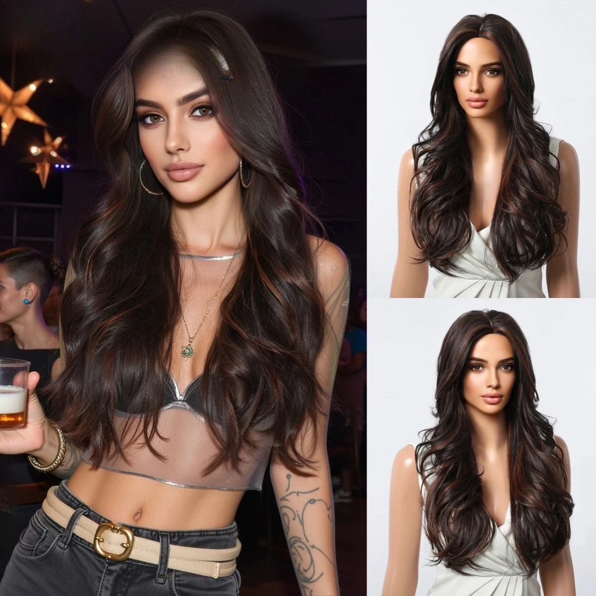 

Wig female medium brown big wavy long curly hair logic cat gold European and American factory wig
