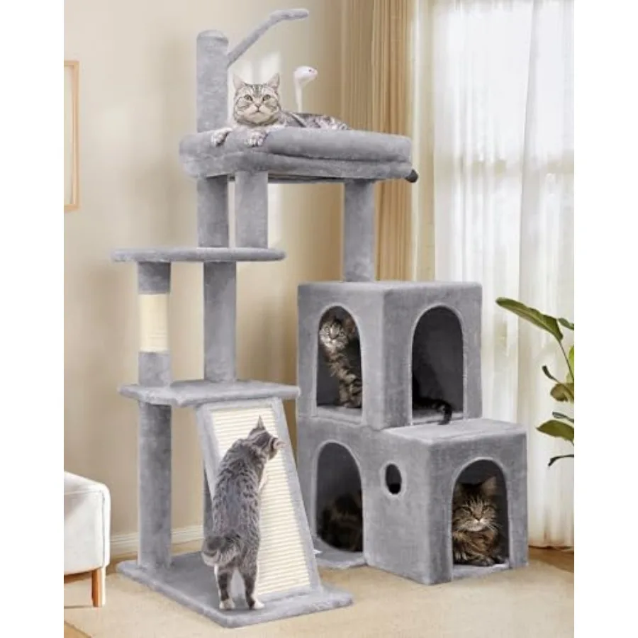 

Indoor cat tower for adult cats 50-inch heavy duty sisal and engineered wood construction gray and beige extra-large padded pla
