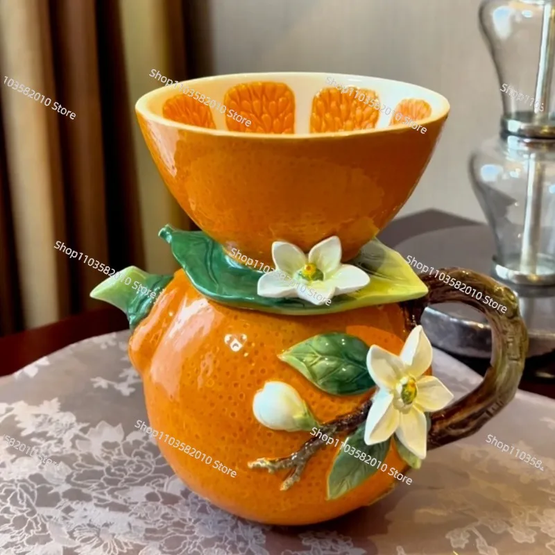 Orange Ceramic Coffee Filter Cup Set, Hand Brewed Coffee Pot Creative Orange Ceramic Mug, Household Coffee Utensils