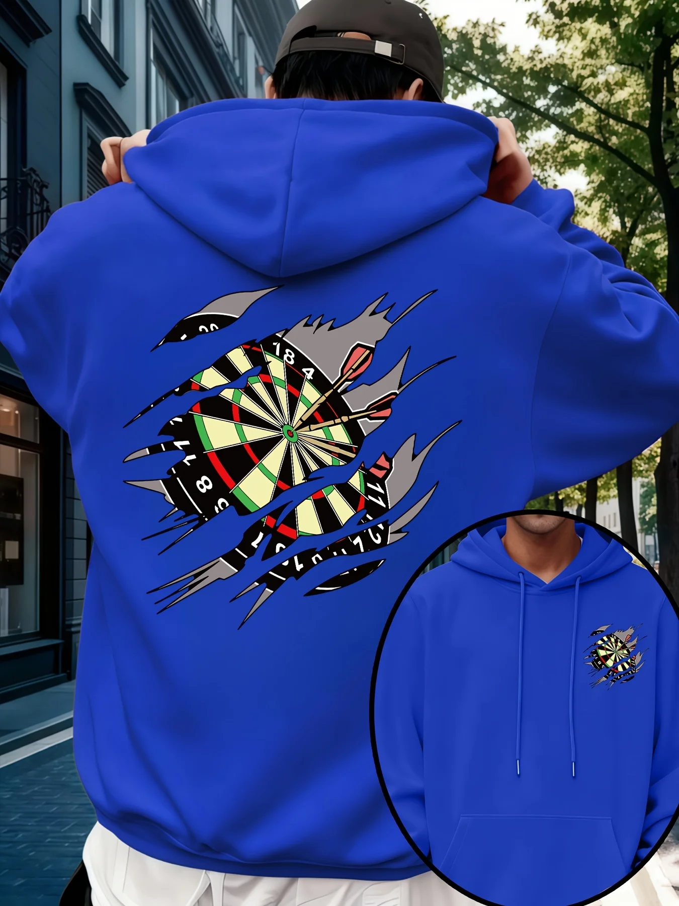 Men's winter and autumn hooded sweatshirt with dartboard print. Sporty streetwear, casual hip-hop, with relaxed fit swag hoodie.