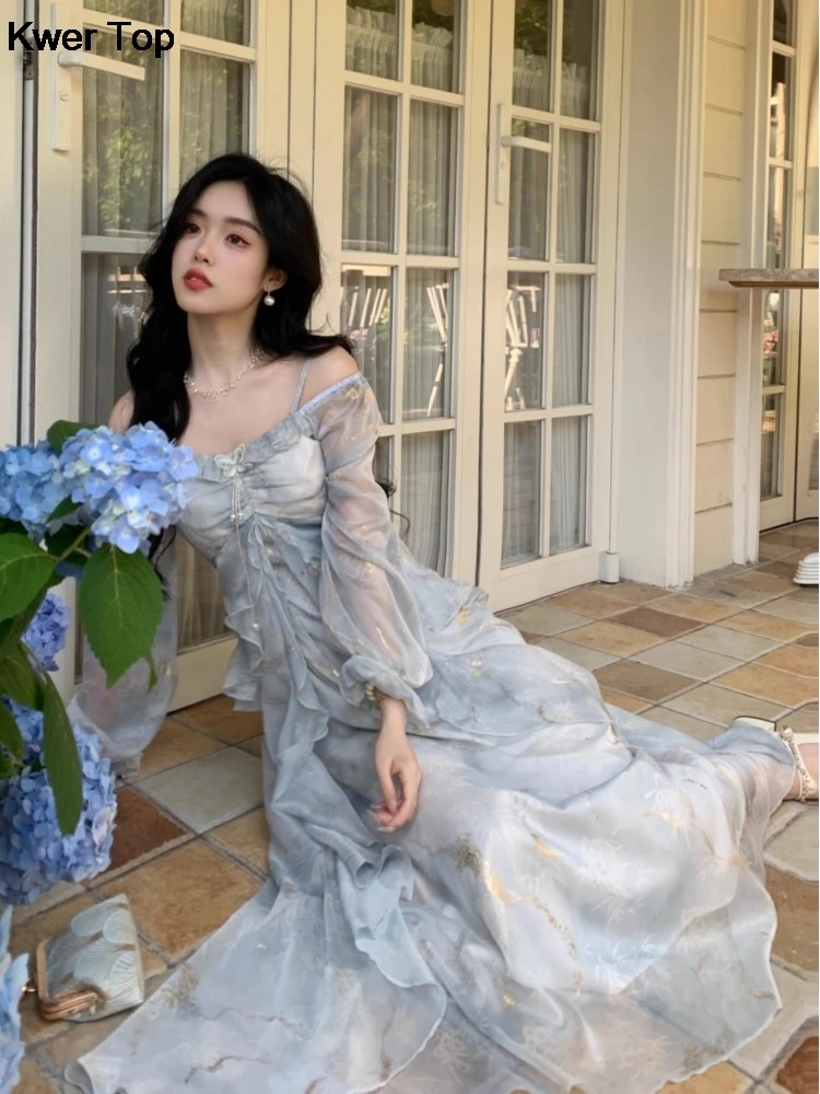 French Fashion Print Fairy Long Dresses Women 2024 Autumn New Ruffles A-Line Party Birthday Vestidos Female One Piece Clothes