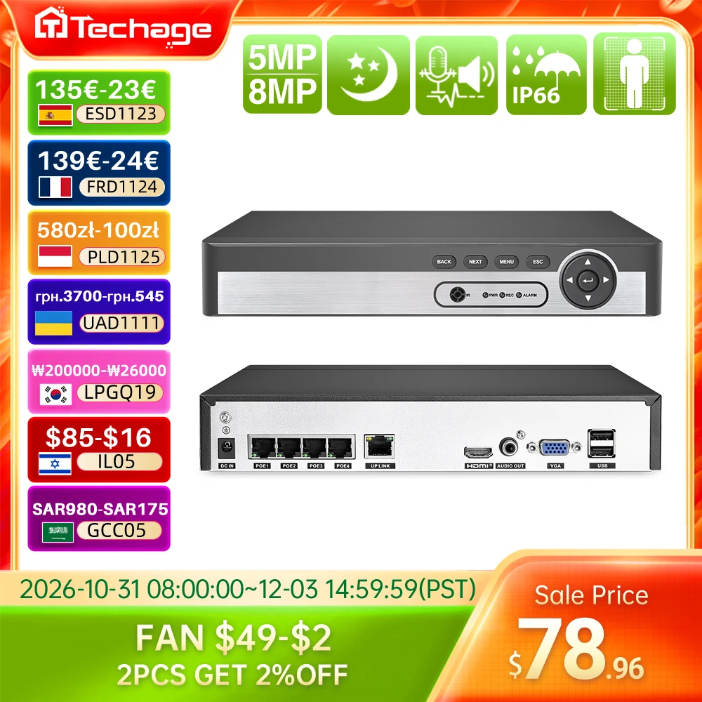 Techage H.265 8CH PoE NVR UHD 4K 8MP 5MP 4MP 1080P Network Video Recorder for Surveillance System Face Tracking Security Camera