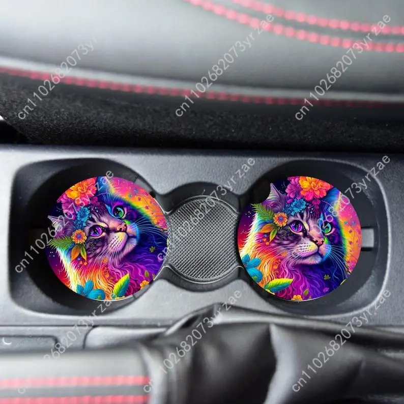 

Rainbow Cat Car Coasters 2pcs Absorbent Anti Slip Car Coasters Scalding Waterproof Easy Clean Car Interior Accessories