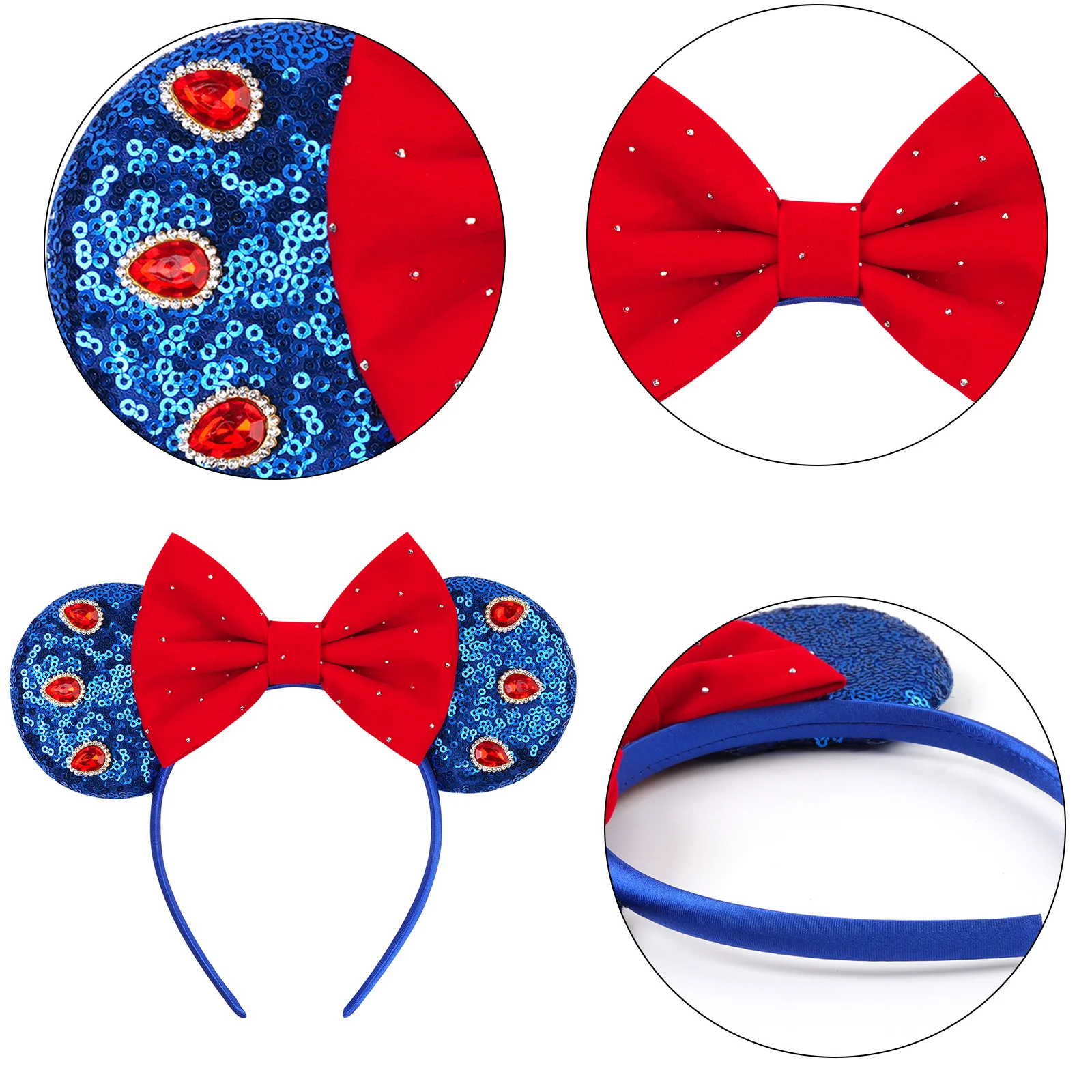 Princess Snow White Ears Headband Red Bow Crystal Pearl Hair Hoop Halloween Party Cosplay Costume Accessories for Women Girls view 4