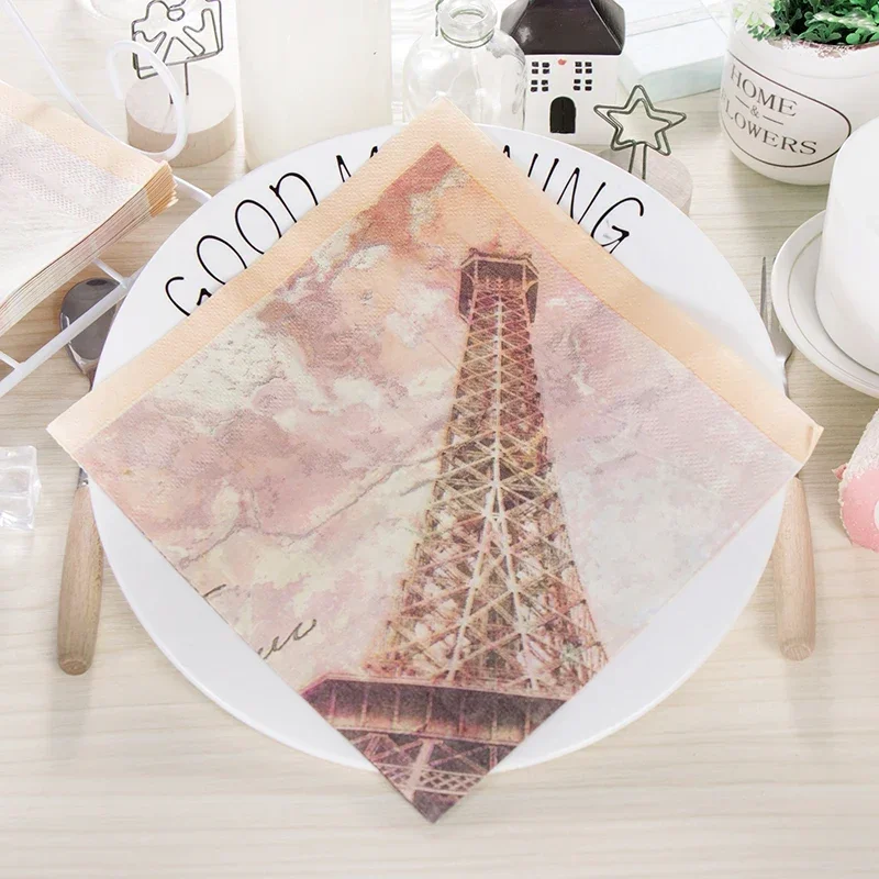 

10/20pcs/Pa 2-Ply 33*33cm Color Eiffel Tower Printing Napkins Square Paper Party Wedding Wine Glass Folding Paper Placemat Cheap