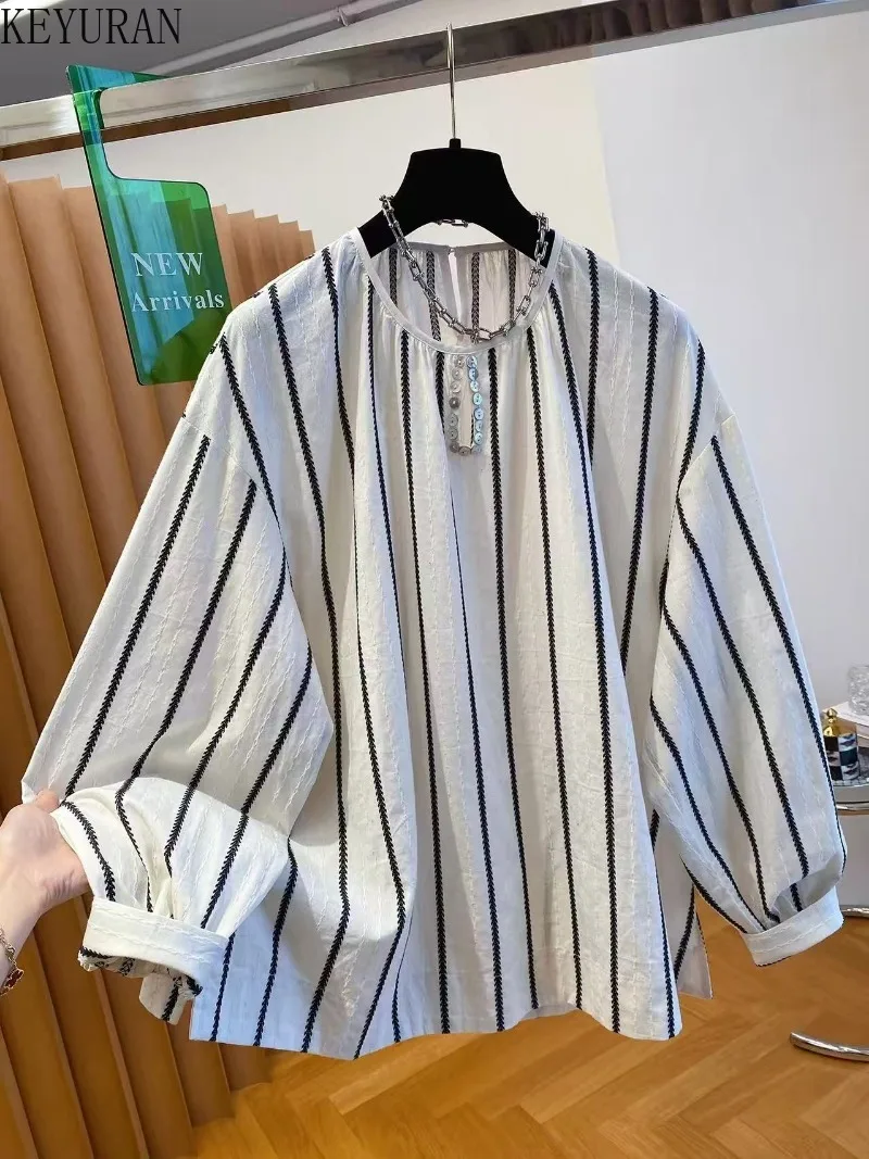 

Весенняя женская рубашка в полоску с длинным рукавом 2026: модная, универсальная, свободная повседневная блузка, женский кардиган с круглым вырезом