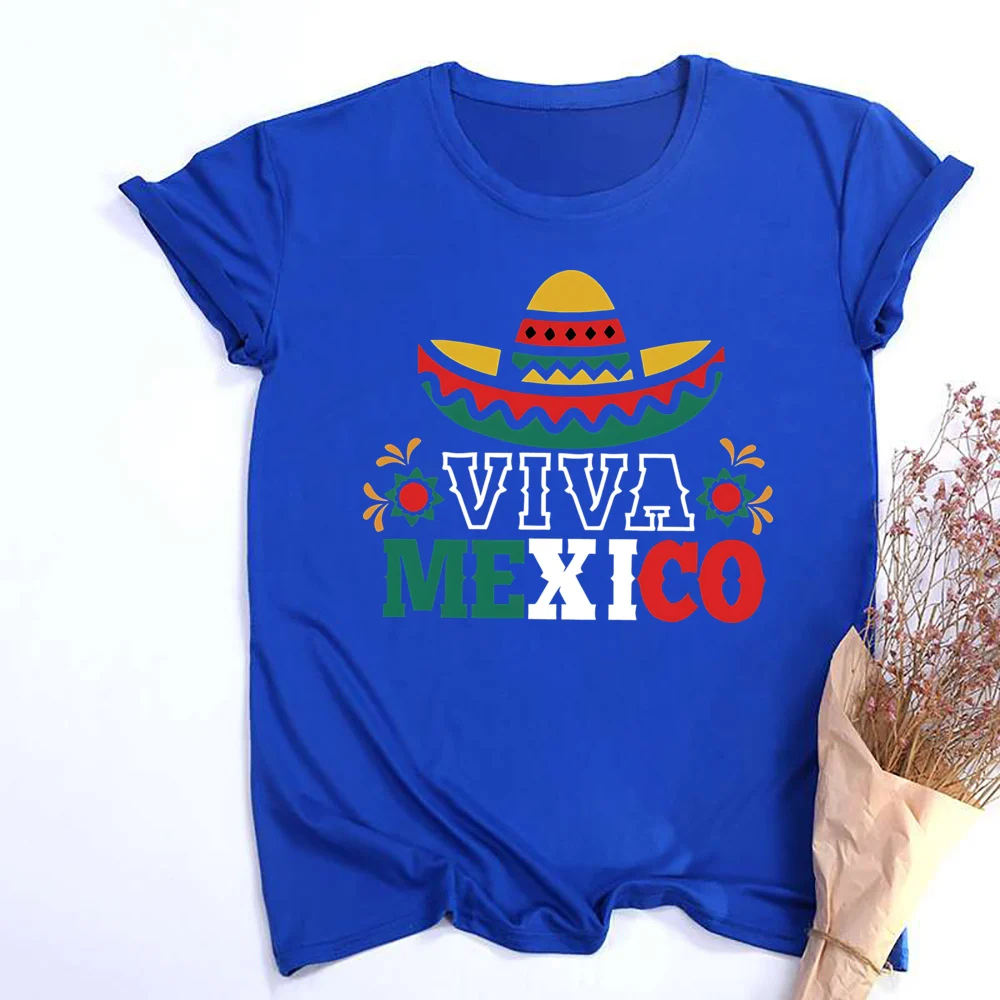 Viva Mexico Graphic Crew Neck Tee Womens Mexico Flag Graphic Running T-Shirt Independence Day Ladies T-Shirts